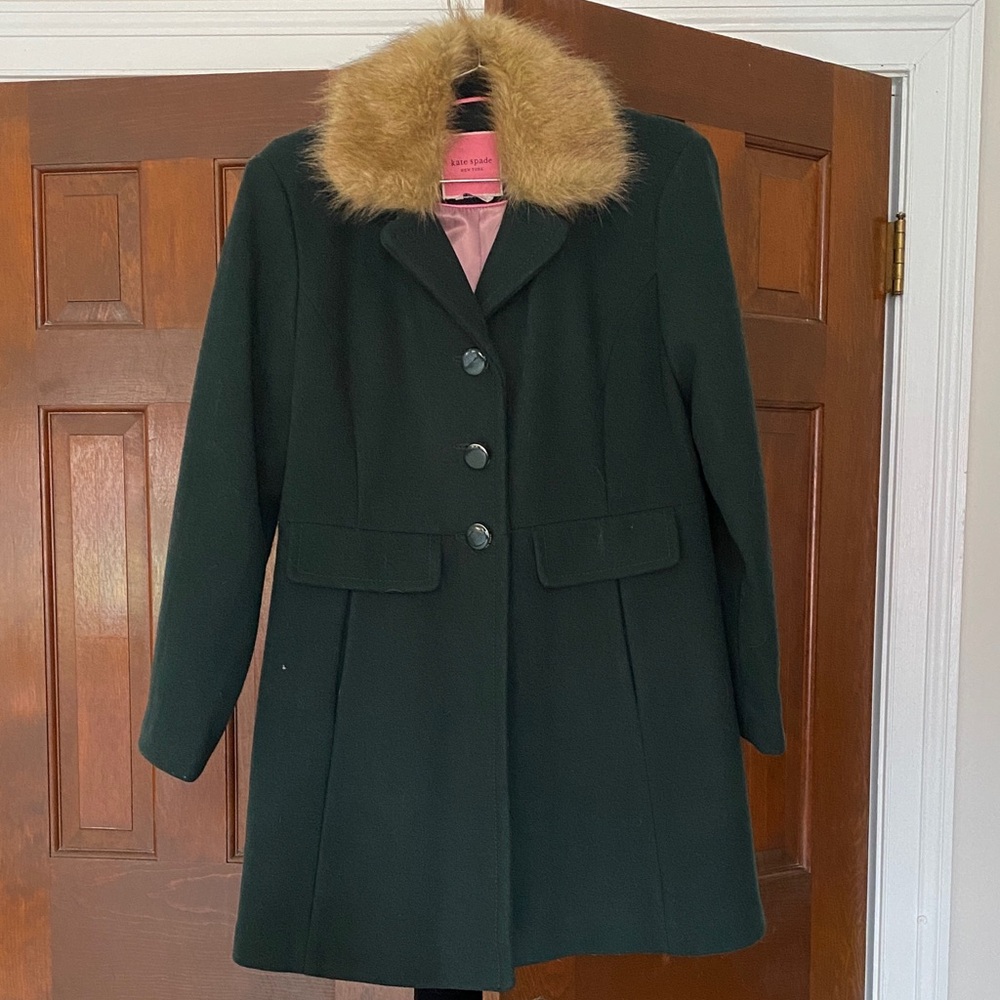 Kate Spade Dark Green Pea Coat with Faux Fur Collar